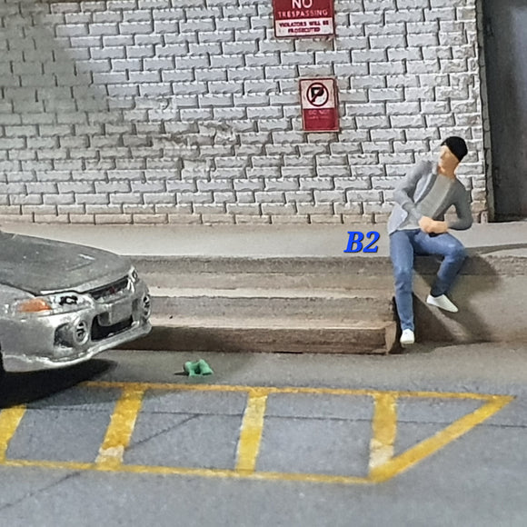 1:64 Figurine Sitting Guy - Grey w Blue Jeans - B2