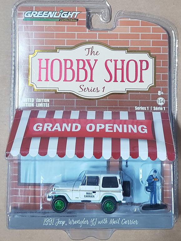 1:64 ☆Chase☆ Greenlight Hobby Shop Series 1 - Jeep Wrangler w Mail Carrier