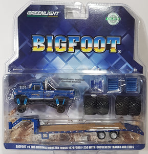 1:64 Greenlight Ford F-250 Monster Truck on Gooseneck Trailer w Regular and Replacement 66" Tires - BigFoot #1 The Original Monster Truck