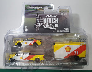 1:64 Greenlight Racing Hitch & Tow Series 3 - Ford F350 Lariat & Ford Mustang Mach 1 Shell Oil #21 w Enclosed Shell Oil Car Hauler
