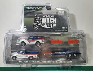 1:64 Greenlight Racing Hitch & Tow Series 3 - Ford F150 & Ford Bronco on BFGoodrich Flatbed Trailer