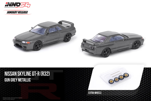 1:64 Inno64 Nissan Skyline GTR R32 - Gun Grey Metallic w Extra Wheels