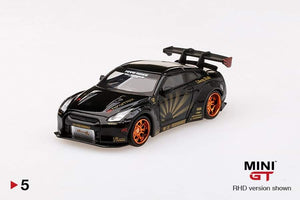 1:64 Mini GT LB Works Nissan GTR R35 Type 1, Rear Wing Ver 1+2 - Black w Copper Wheel - MGT5