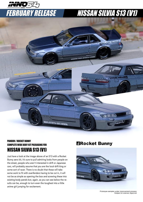 1:64 Inno64 Nissan Silvia S13 Pandem Rocket Bunny V1 2-Tones Blue/Grey Metallic