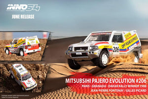 1:64 Inno64 Mitsubishi Pajero Evolution #206 "Off Road Express" Paris - Granada - Dakar 1998 Winner
