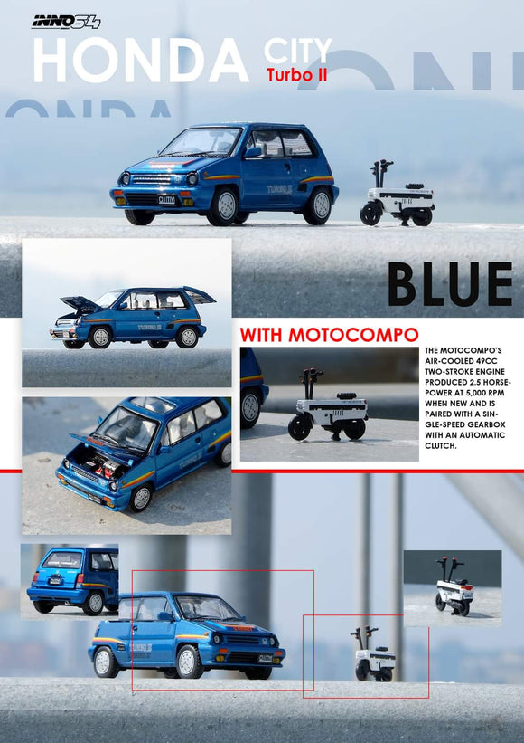 1:64 Inno64 Honda City Turbo II Blue w White Motocompo