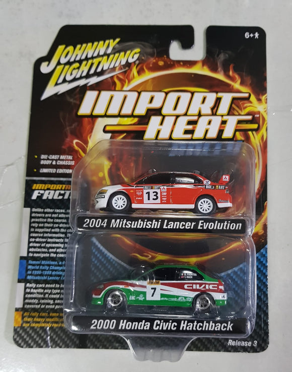 1:64 Johnny Lightning Mitsubishi Lancer Evolution  & Honda Civic Hatchback (2 car pack)